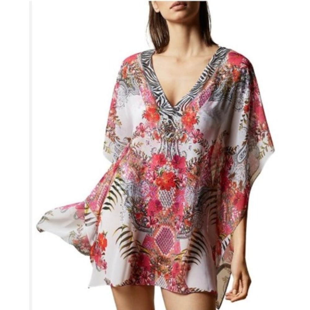 Ted Baker London Floral Rhinestone Chiffon Sheer Lagenlook Kaftan Blouse S